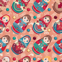 Naklejka premium Russian souvenir. Matryoshka - babushka doll. Seamless pattern. Vector
