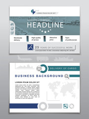 Fototapeta na wymiar Business template. Logistics icons and map of the World. Used blue, grey, pink colors on white background. Realistic image as design element 