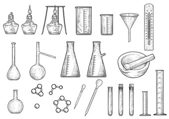 Chemistry or physics equipments collection illustration, drawing, engraving, ink, line art, vector