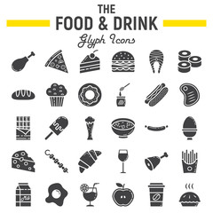 Food and drink glyph icon set, meal symbols collection, vector sketches, logo illustrations, signs solid pictograms package isolated on white background, eps 10.