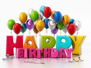 Fototapeta na wymiar Happy birthday text and party balloons. 3D illustration