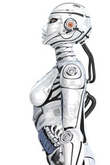 A female high detailed robot with internal cyber technology, side view isolated on white background.