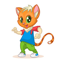 Cartoon kitty dancing. Vector illustration of happy cat dancing disco