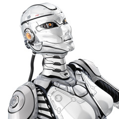 A female high detailed robot with internal cyber technology, 3/4 view isolated on white background.