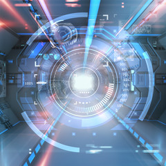 Futuristic interior view with infographic elements. Digital background as internet technology business concept.