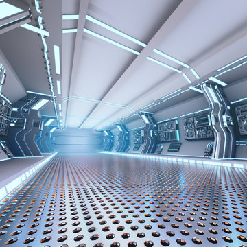 futuristic design spaceship interior with metal floor and light panels