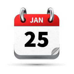 Bright realistic icon of calendar with 25 january date isolated on white