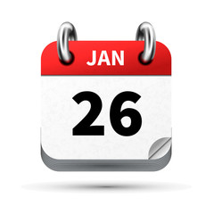 Bright realistic icon of calendar with 26 january date isolated on white