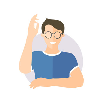 Ready, willing to answer or help boy in glasses. Flat design icon of handsome man with hand up. Simply editable isolated on white vector sign