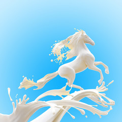 Food design element on blue background. Liquid horse made of fat glossy milk running making splashes.