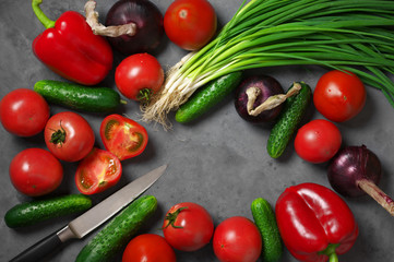 Fototapeta na wymiar Assorted vegetables on grey