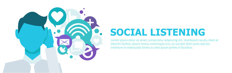 Banner Social listening. The man leaned his hand to his ear, and listens to icons