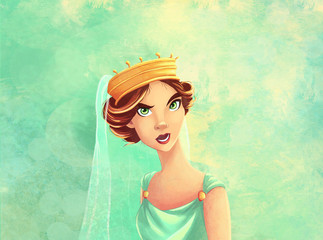 Portrait of an angry Greek beauty in a crown on a green background. Cartoon style. Simplified style. Illustration