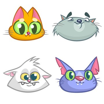 Cartoon Illustration of funny Cats ot Kittens Heads Collection Set. Vector pack of colorful cats icons. Cartoon  Maine Coon, siamese, british and domestic