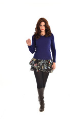 Full length portrait of a brunette girl wearing casual modern clothes. standing pose, isolated against white background