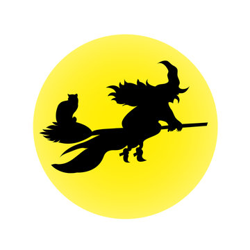 Halloween witch on a broomstick moon black cat white background