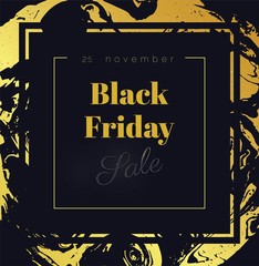 Black friday sale banner.Sale poster with golden marble texture and sparkles.  Vector background in elegant style.  Vector illustration.