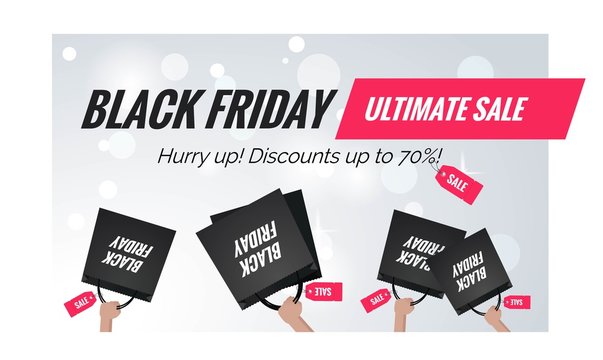 Black friday sale  banner. Black Friday background with shopping bags in shoppers hands. Vector winter illustration