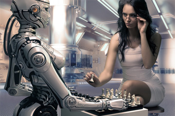 A girl playing chest with a robot