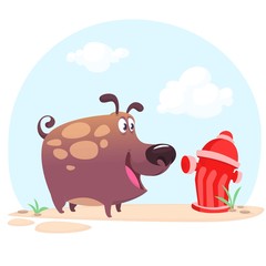 Cartoon bulldog or boxer dog and  hydrant. Vector illustration