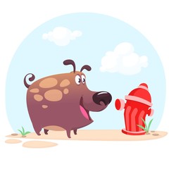 Cartoon bulldog or boxer dog and  hydrant. Vector illustration