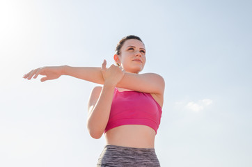 Sport girl workout. Exercise. Fitness. Health. Young  girl at stadium do some training.