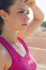 Sport girl workout. Exercise. Fitness. Health. Young  girl at stadium do some training.