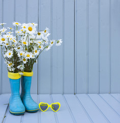 still life with rubber boots and chamomile