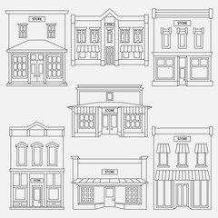 Store shop front window buildings black icon set