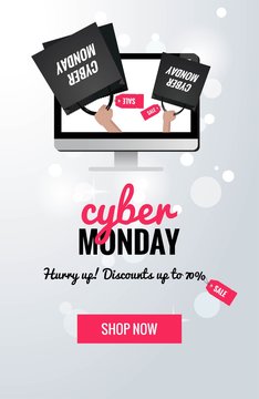 Cyber monday sale sparkling banner. Cyber monday background with shopping bags in computer display. Vector winter illustration