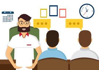 HR recruitment. Interview with the candidate positions. Job interview concept. Vector illustration, flat cartoon style. Business human resources