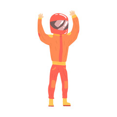 Car racing driver man in an orange uniform and helmet greeting fans, racing participant vector Illustration