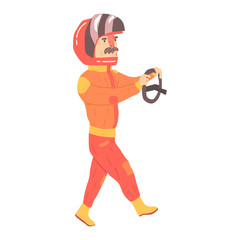 Car racing driver man in an orange uniform and helmet holding steering wheel, racing participant vector Illustration