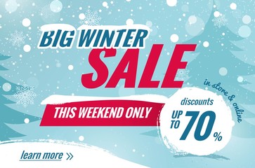 Big winter sale horizontal banner. Snowy background with winter landscape. Vector illustration
