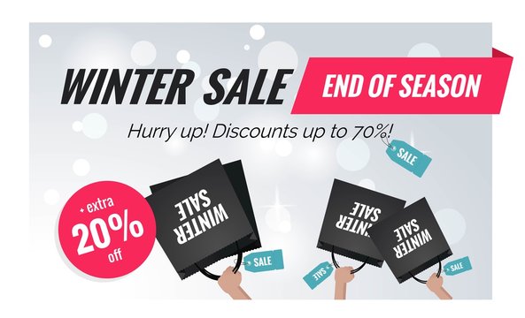 Winter sale horizontal banner.Winter sale sparkling background with shopping bags in shoppers hands. Vector winter illustration