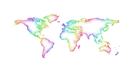 Rainbow sketch world map design from multicolored curved lines