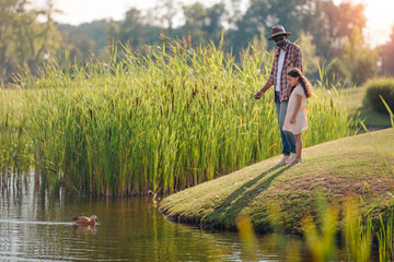 African American granddaughter and her grandfather feeding duck on lake in park