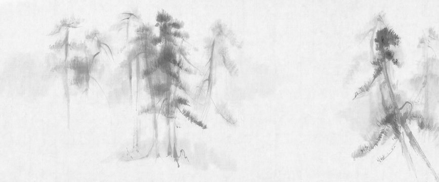 Chinese painting pine trees landscape
