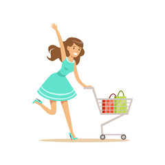 Happy woman in a blue dress running with shopping cart, shopping in grocery store, supermarket or retail shop, colorful character vector Illustration