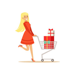 Happy woman in a red dress walking with a shopping cart full of gift boxes, shopping in grocery store, supermarket or retail shop, olorful character vector Illustration