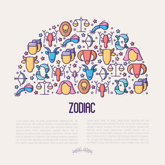 Zodiac signs concept in half circle with thin line icons for banner with horoscope, web site or background. Vector illustration.