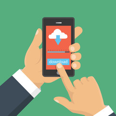 File download concept button on smartphone screen. Hand holds smartphone. Downloading document, infographics. Flat design
