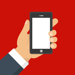 Hand holding smart phone. Business concept, flat design, vector