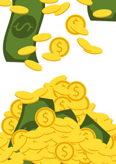 Falling golden coins and bills. Money vector illustration. Mountain of money. Finance background.