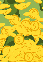Falling golden coins and bills. Money vector illustration. Mountain of money. Finance background.