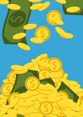 Falling golden coins and bills. Money vector illustration. Mountain of money. Finance background.