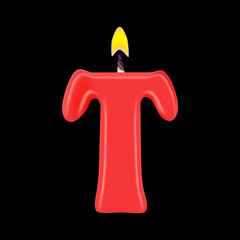 Realistic candle letter T isolated on black background. 3d. Stock - Vector illustration