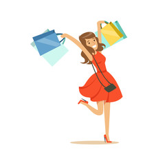 Young happy woman in an elegant red dress having fun with shopping bags colorful character vector Illustration