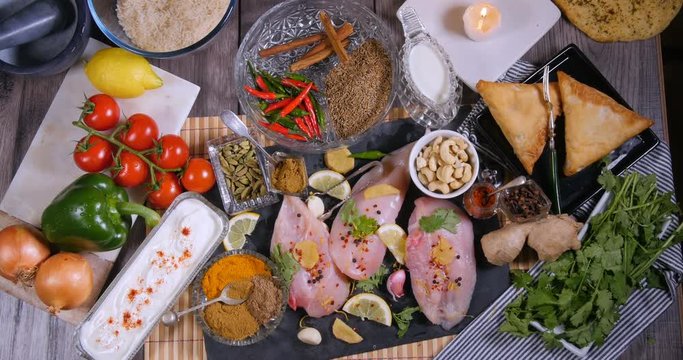 Top down zoom in view of ingredients and indian spices for chicken tikka masala