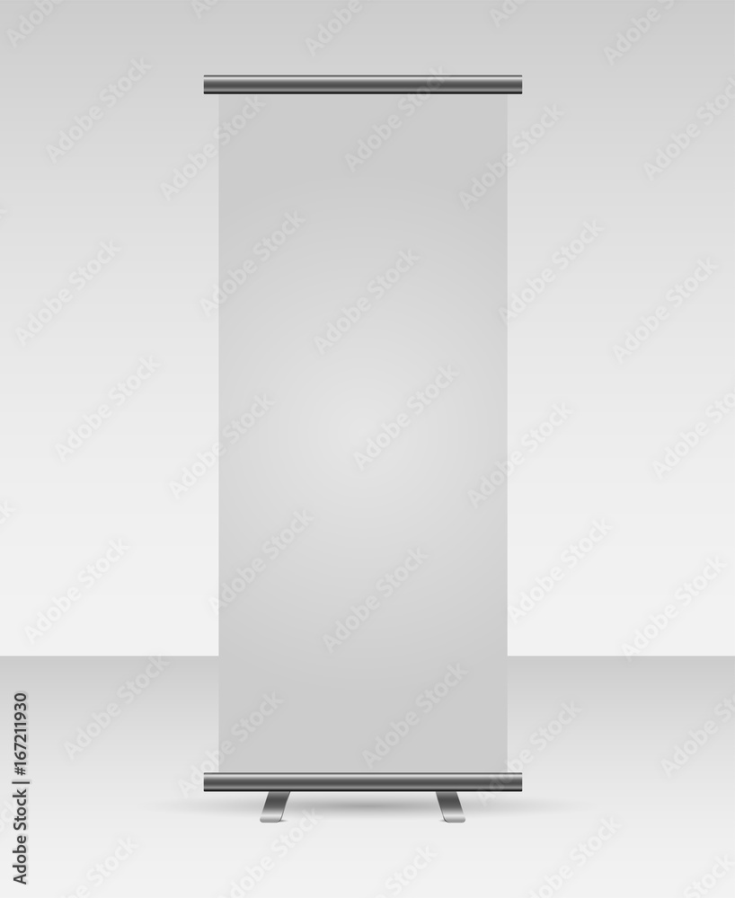 Aufkleber roll up banner template isolated on grey background. vector illustration.
